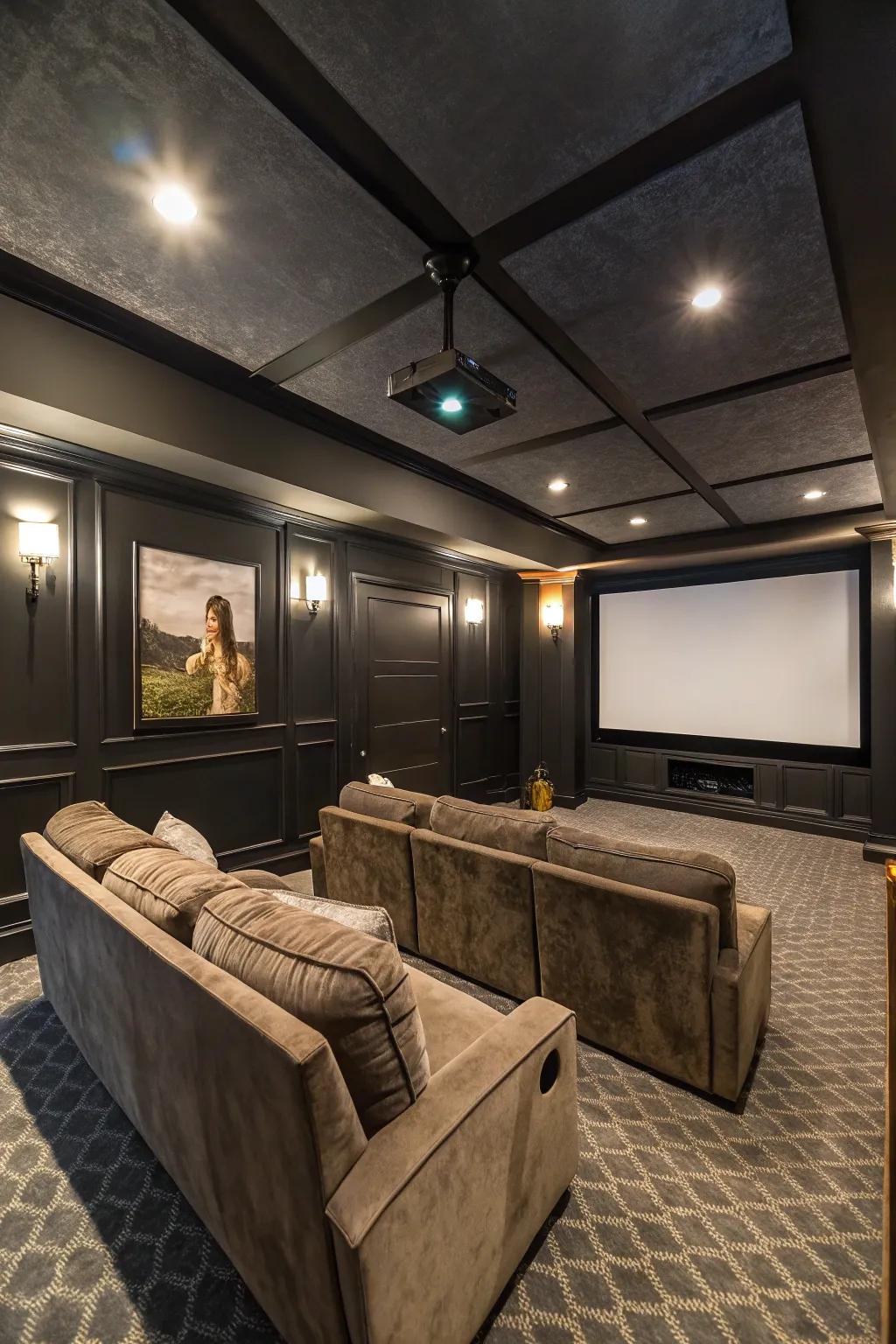 For creating a cozy home theater, low ceilings are ideal.
