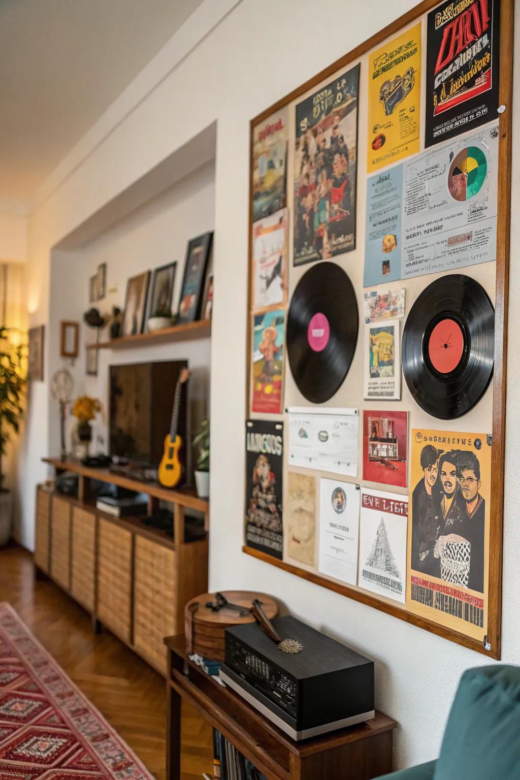 A music-themed board featuring 80s sheet music and record sleeves.