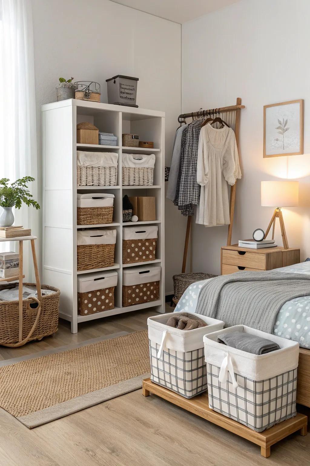 Creative storage solutions keep the room tidy and stylish.