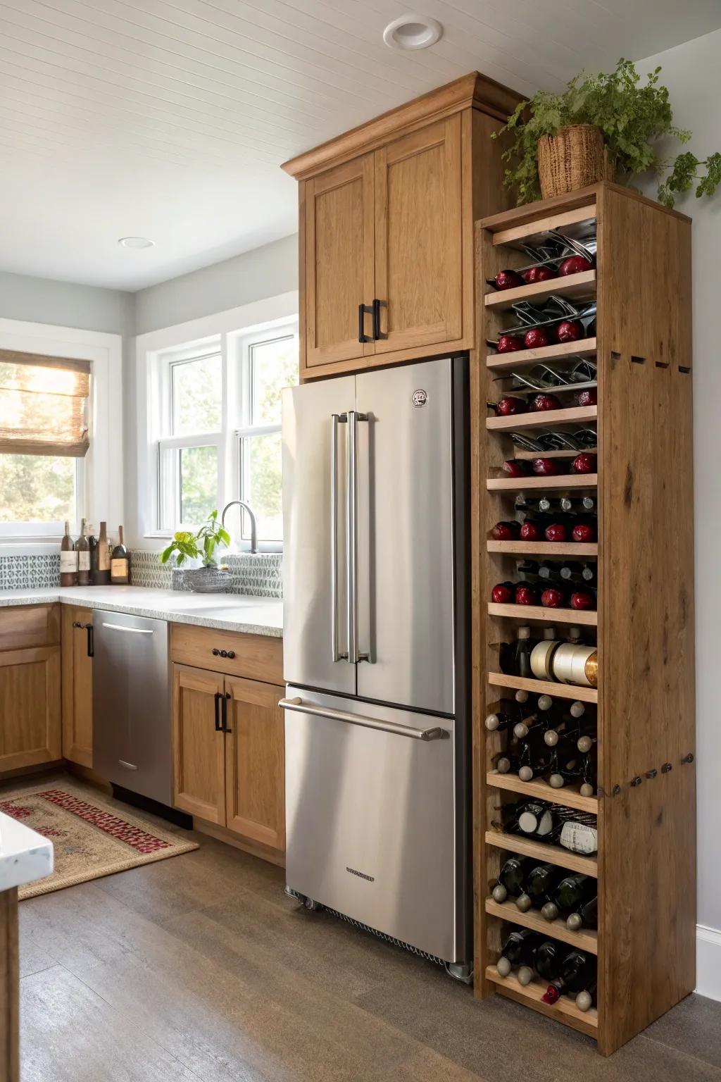 A wine rack over the refrigerator adds style and practicality.