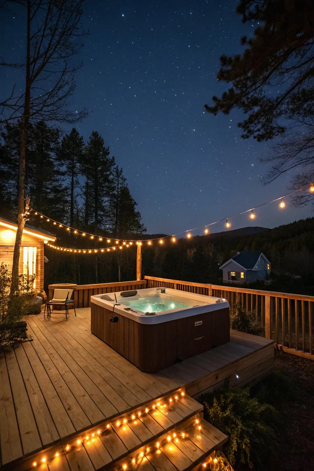 String lights contribute a captivating radiance to your hydro-therapy tub arrangement.