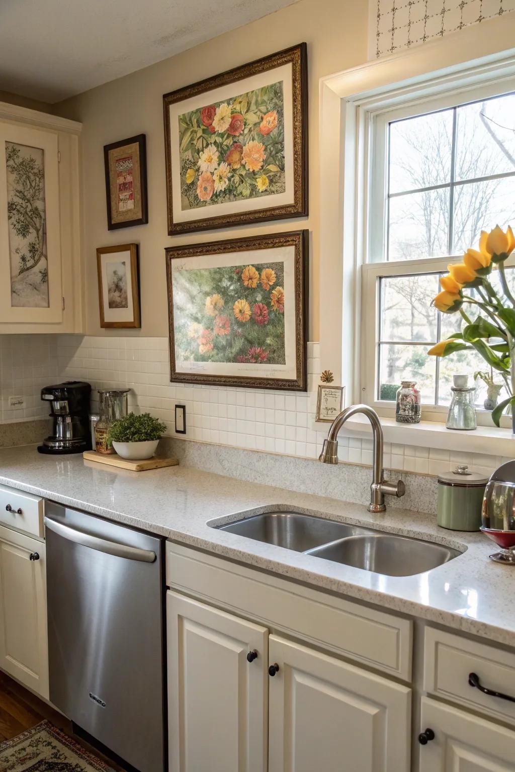 Art personalizes and improves the kitchen ambiance.