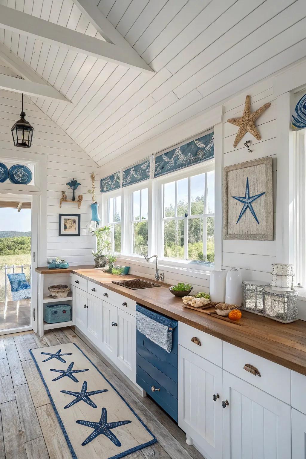 White grooved plank ceilings introduce a captivating seaside element.
