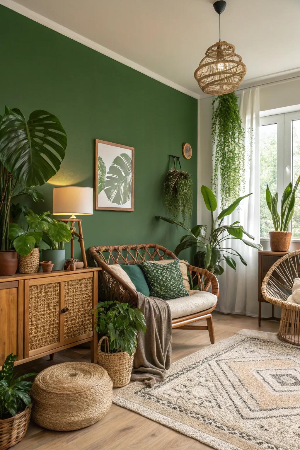 A refreshing family room with a nature-inspired verdant feature wall.