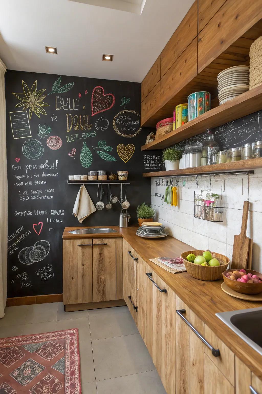 A kitchen featuring a chalkboard accent wall for notes and creativity.