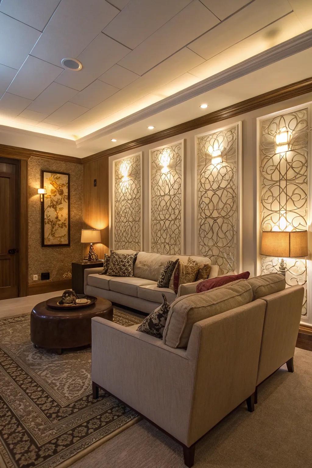 A lounge with feature wall panels enhanced by incorporated lighting.