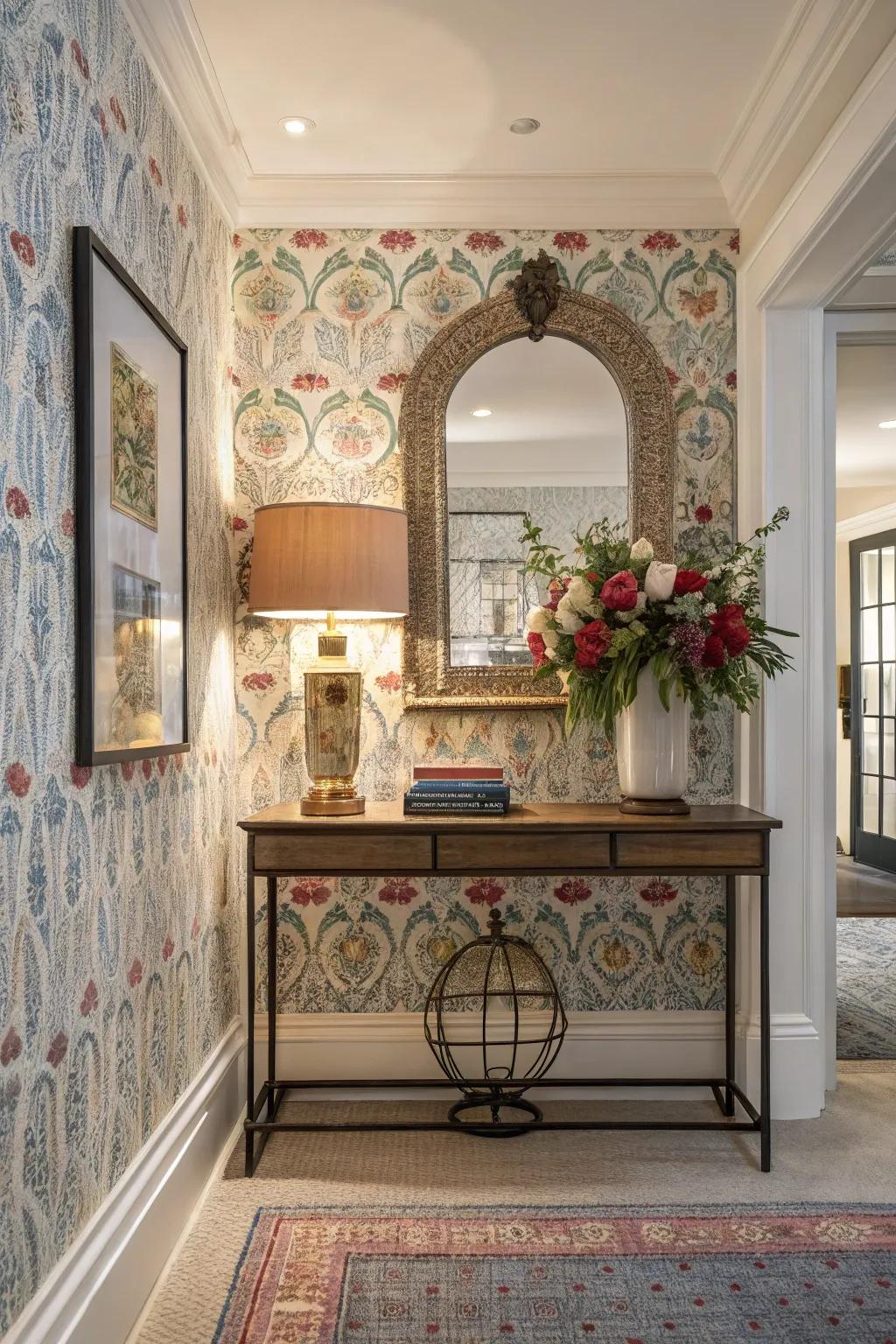 Art-inspired wallpaper establishes an inviting tone in a stylish entryway.