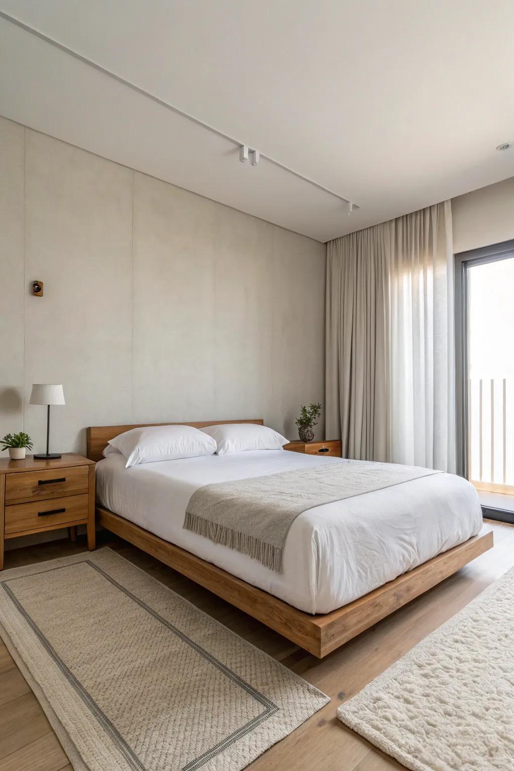 The minimalist decor cultivates a tranquil, uncluttered environment.