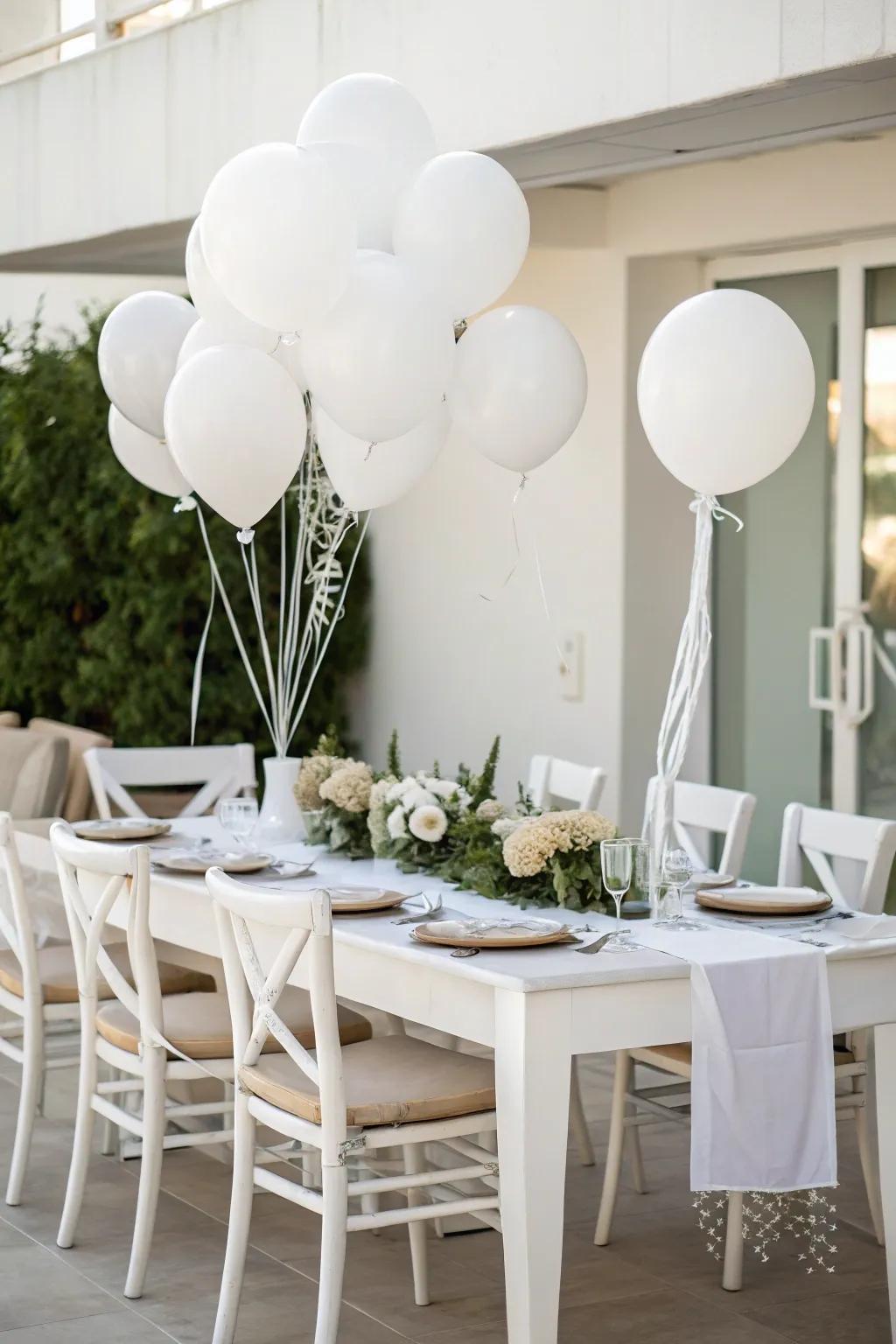 White spheres add a playful charm to the dinner party ambiance.
