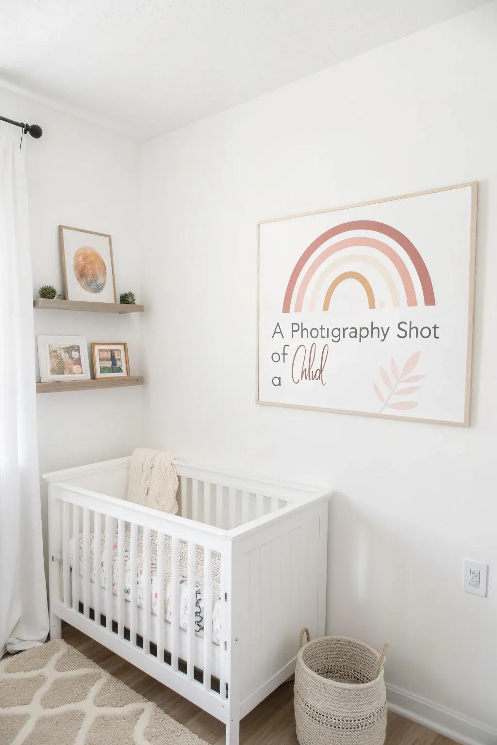 Minimalist wall art adds personalized charm to a white nursery.