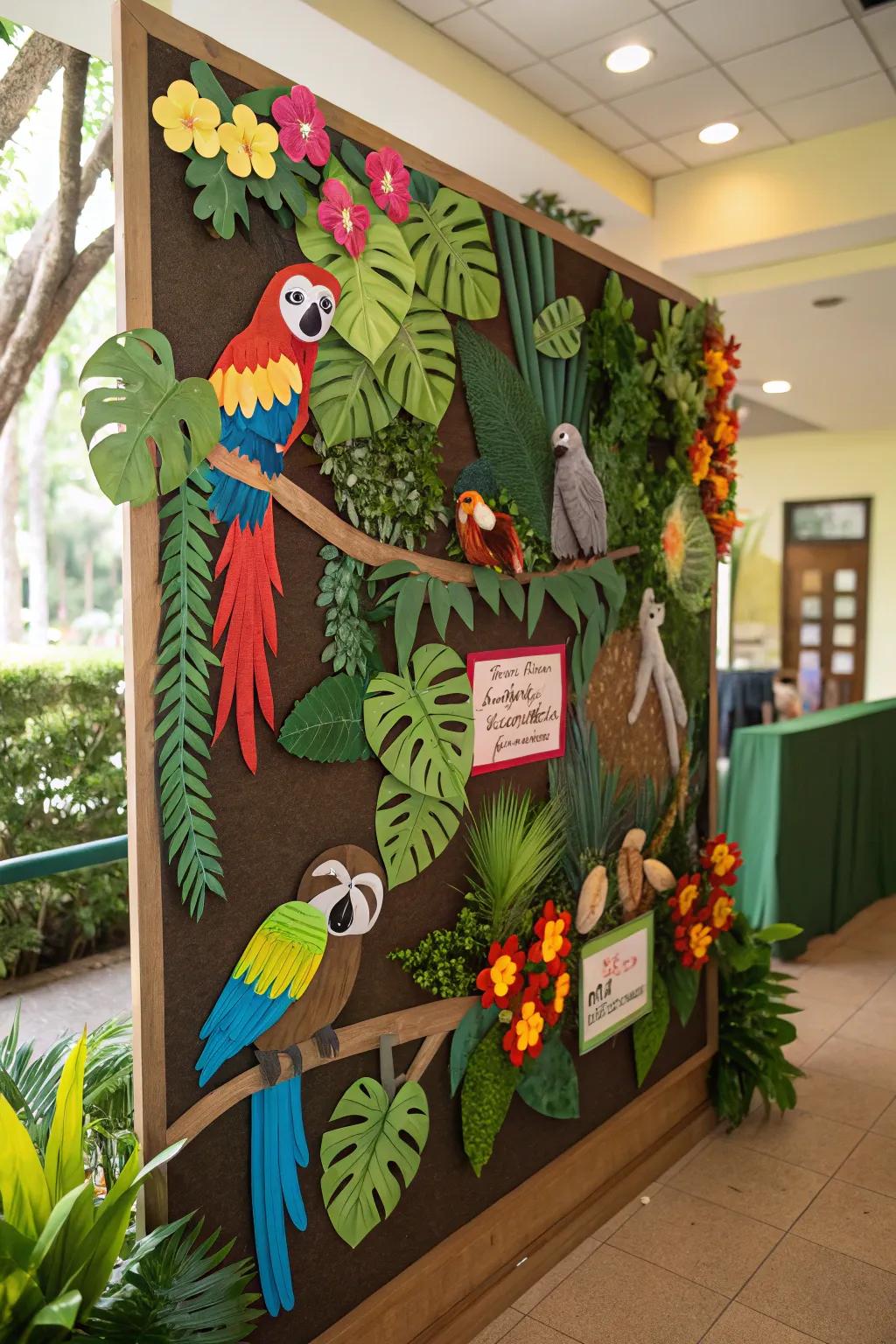 A vibrant rainforest scene with exotic birds and sloths.