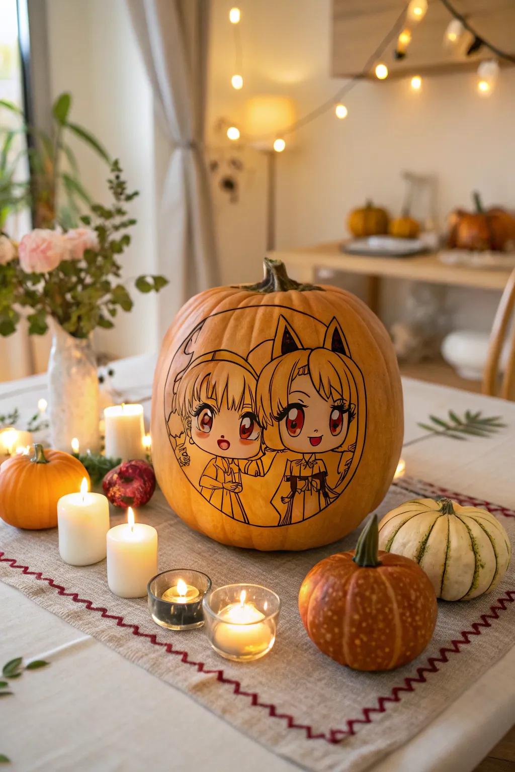 Incorporate appeal into your decorations with miniature anime character pumpkins.