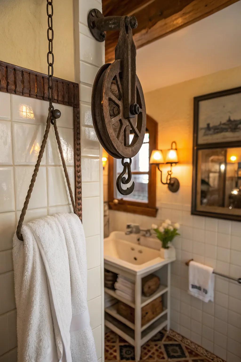 A period pulley offers a singular twist to washroom storage.