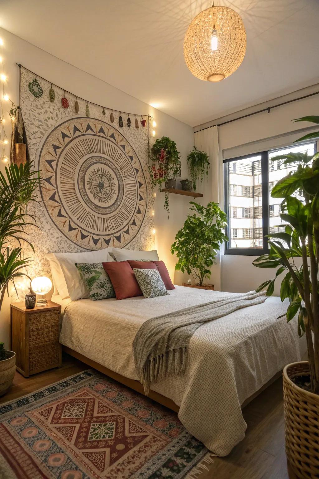 A bedroom in an apartment featuring vibrant indoor plants and decorative wall art.