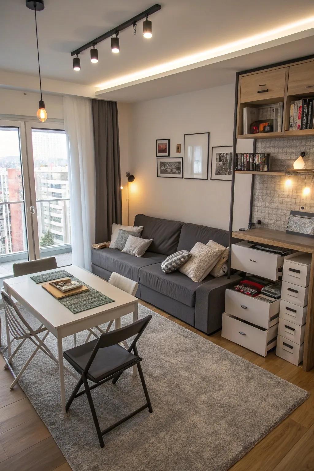 Smart utilization of area with multi-purpose furniture in a compact living room.