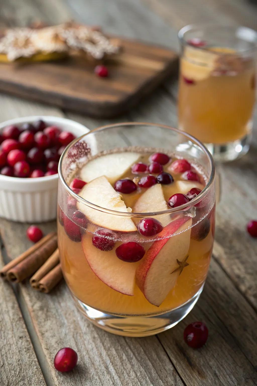 Cranberry-infused apple cider punch bringing a festive element.