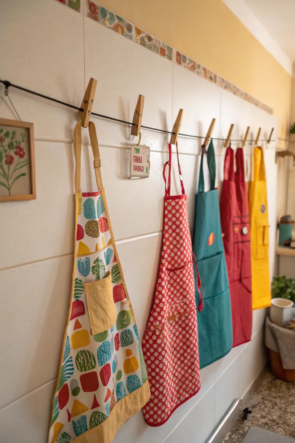 A vibrant clothesline of aprons evokes nostalgia and allure.