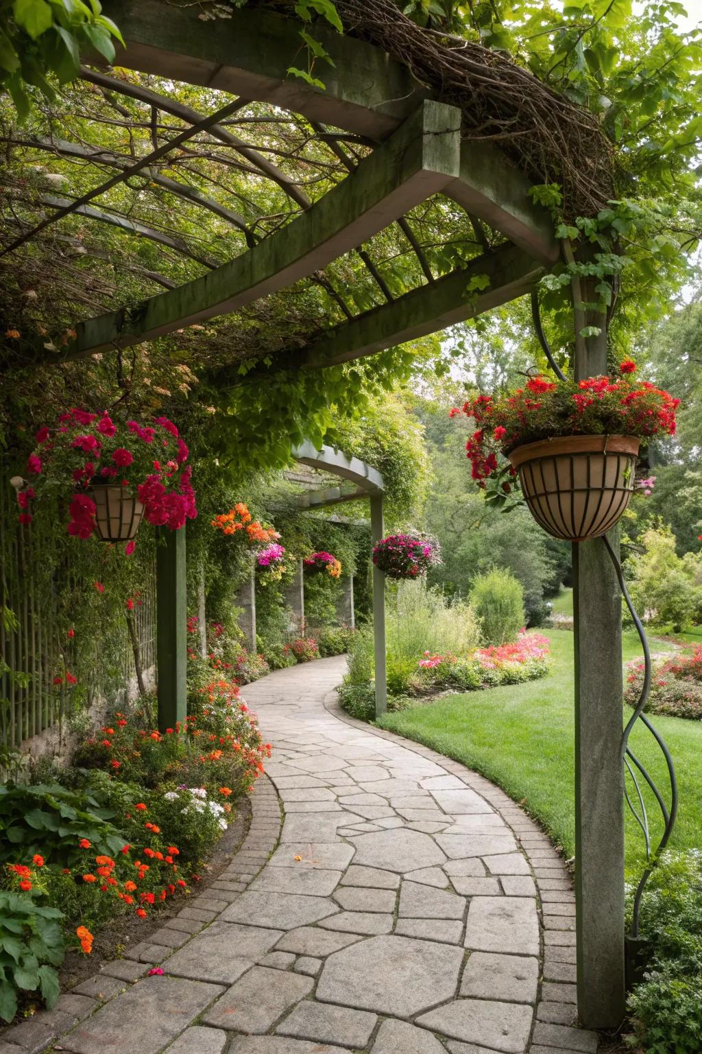 Pendant planters on a pergola contribute verdant layers to the garden.