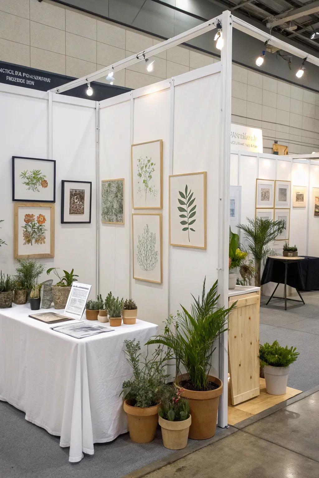 Decorative floral arrangements adding a natural element to the exhibit.