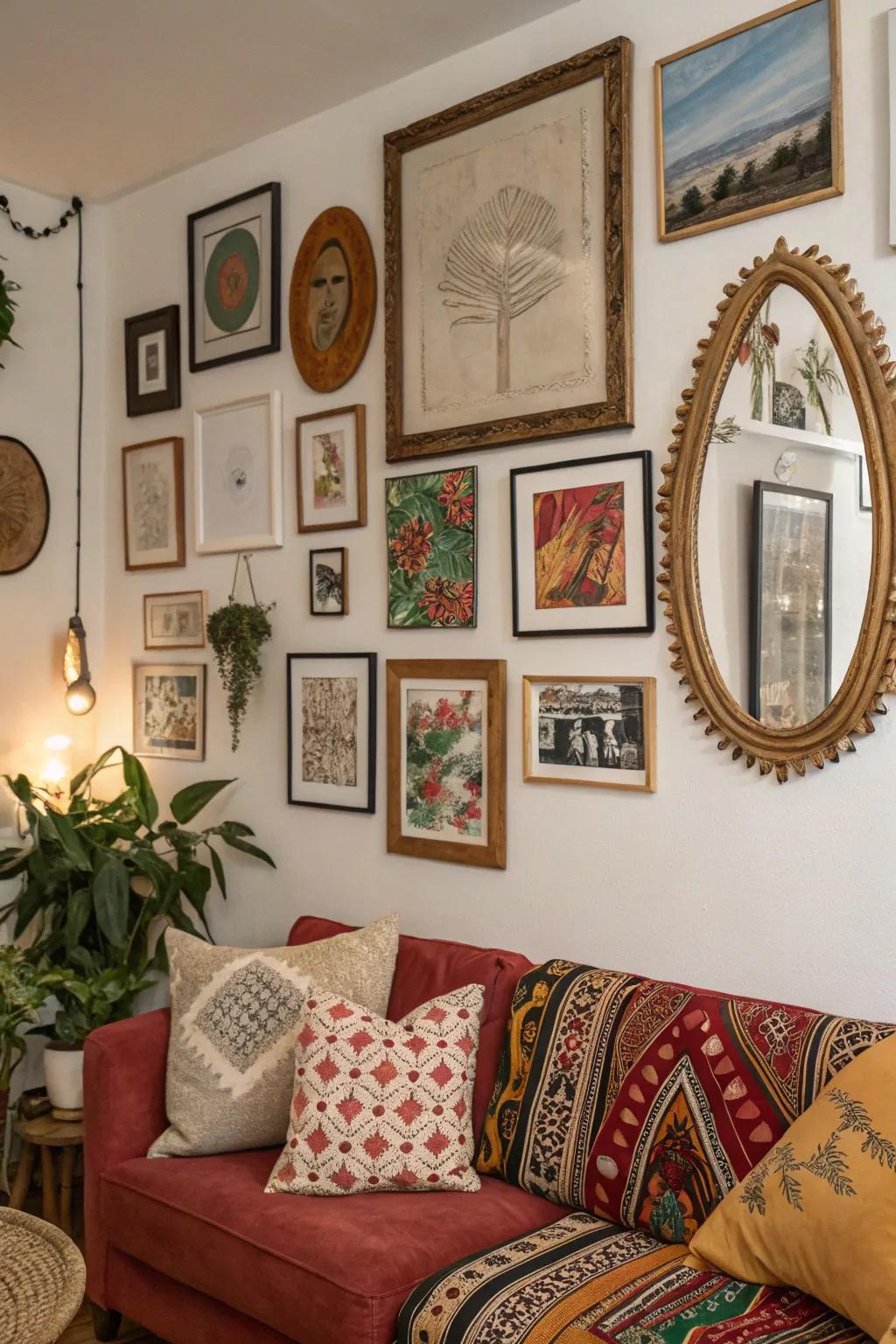 An eclectic art arrangement combining various styles and frames.