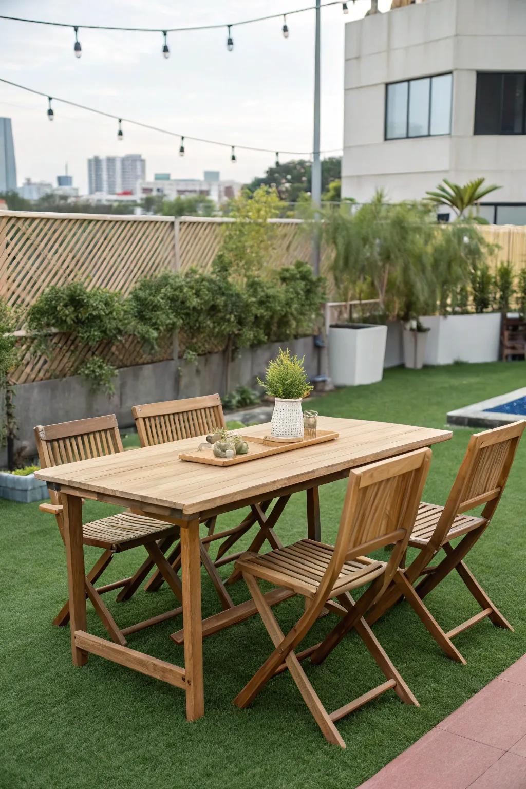 An elegant dining space on rich synthetic turf.
