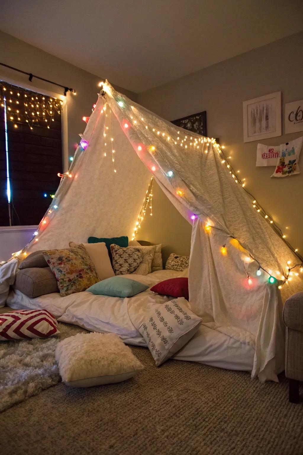 Design an enchanting hideaway using a cozy blanket fort.
