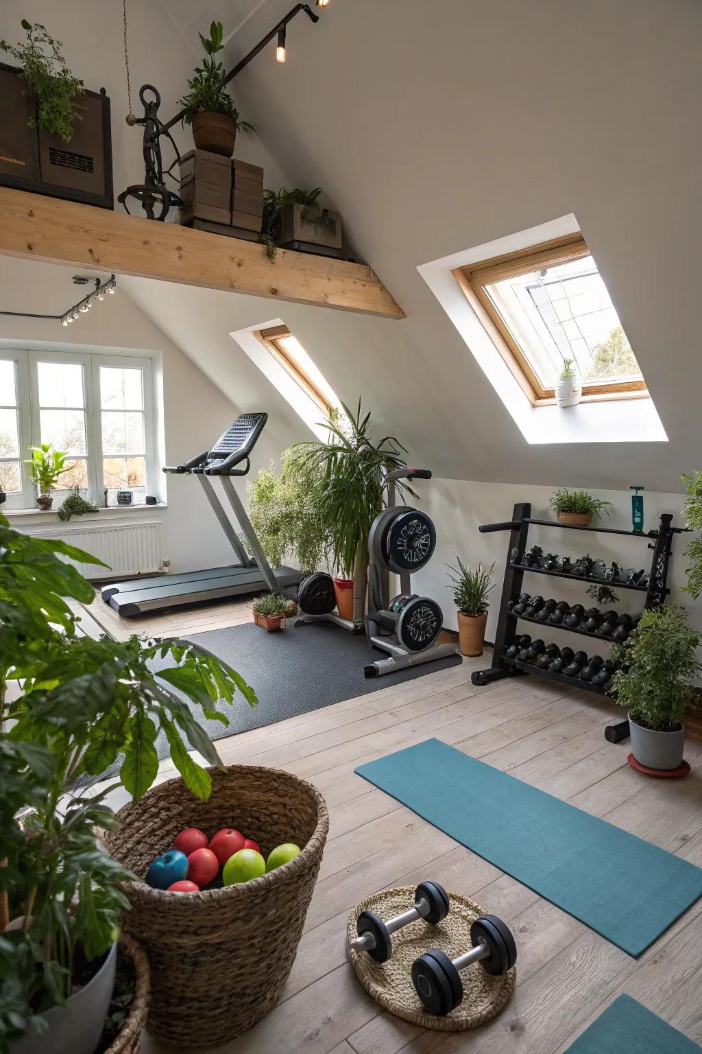 Your attic gym gains vitality and freshness from greenery.