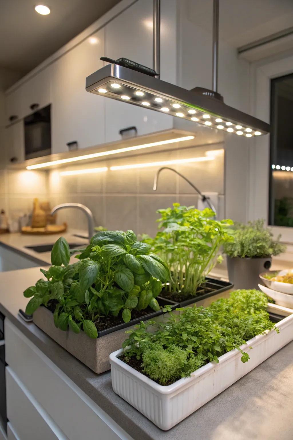 Undercabinet grow lights enhancing a mini herb garden in the kitchen.