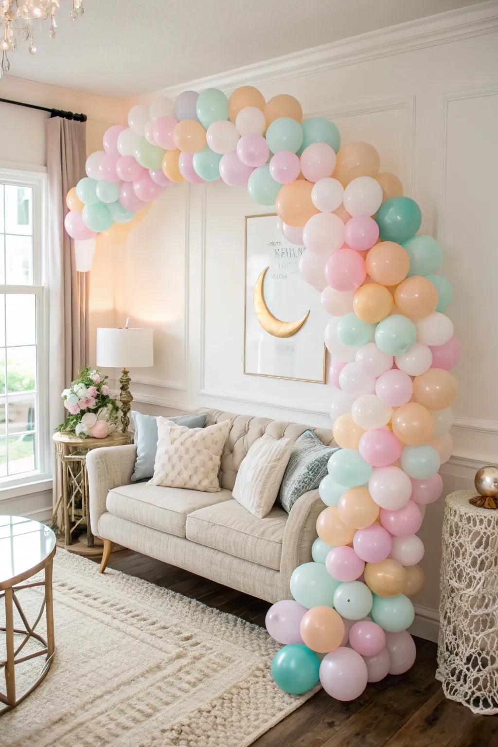 An arched balloon display adds a modern twist to classic decor.