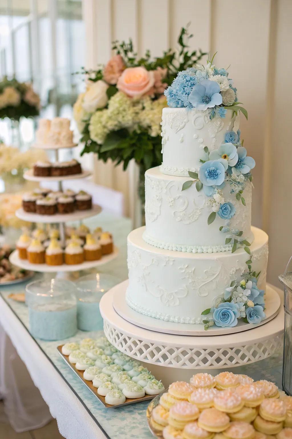 A wedding cake incorporating blue elements becomes a spectacular centerpiece.