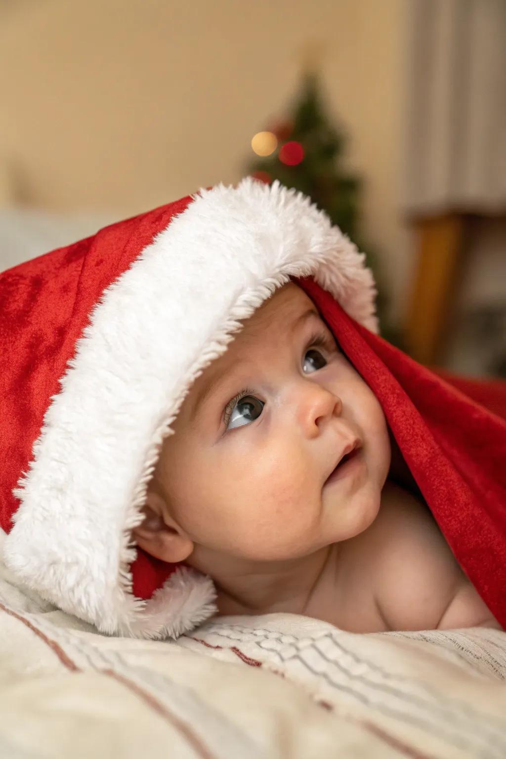A playful peek-a-boo instance with a Yule headwear.