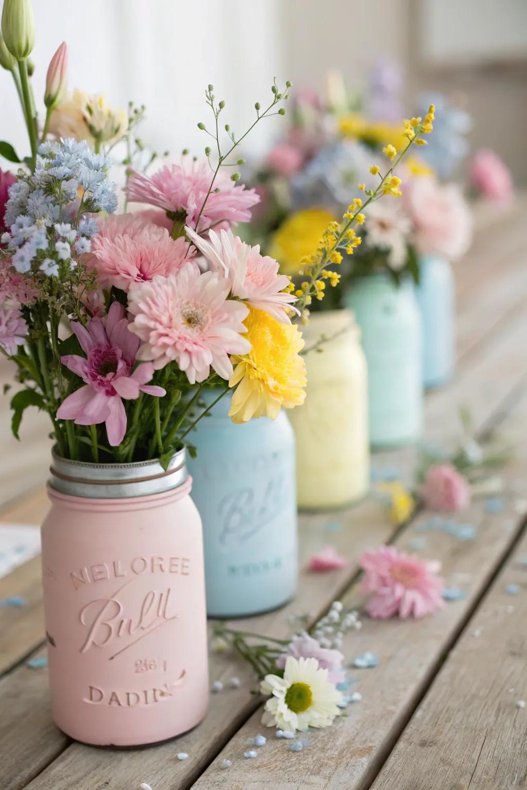 Charming canning jar centerpieces with fresh blooms.