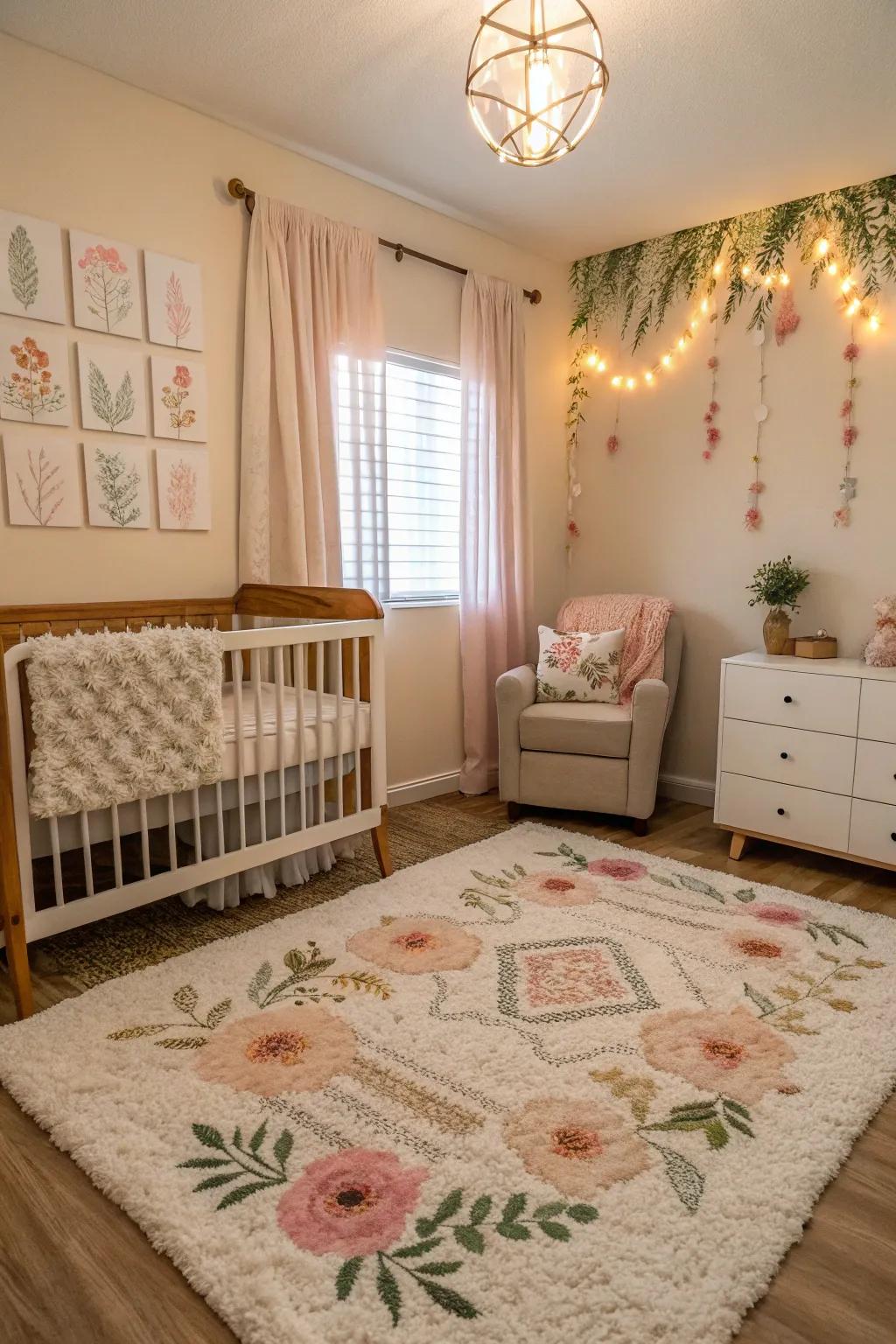 A textured rug adds comfort and warmth to the nursery.