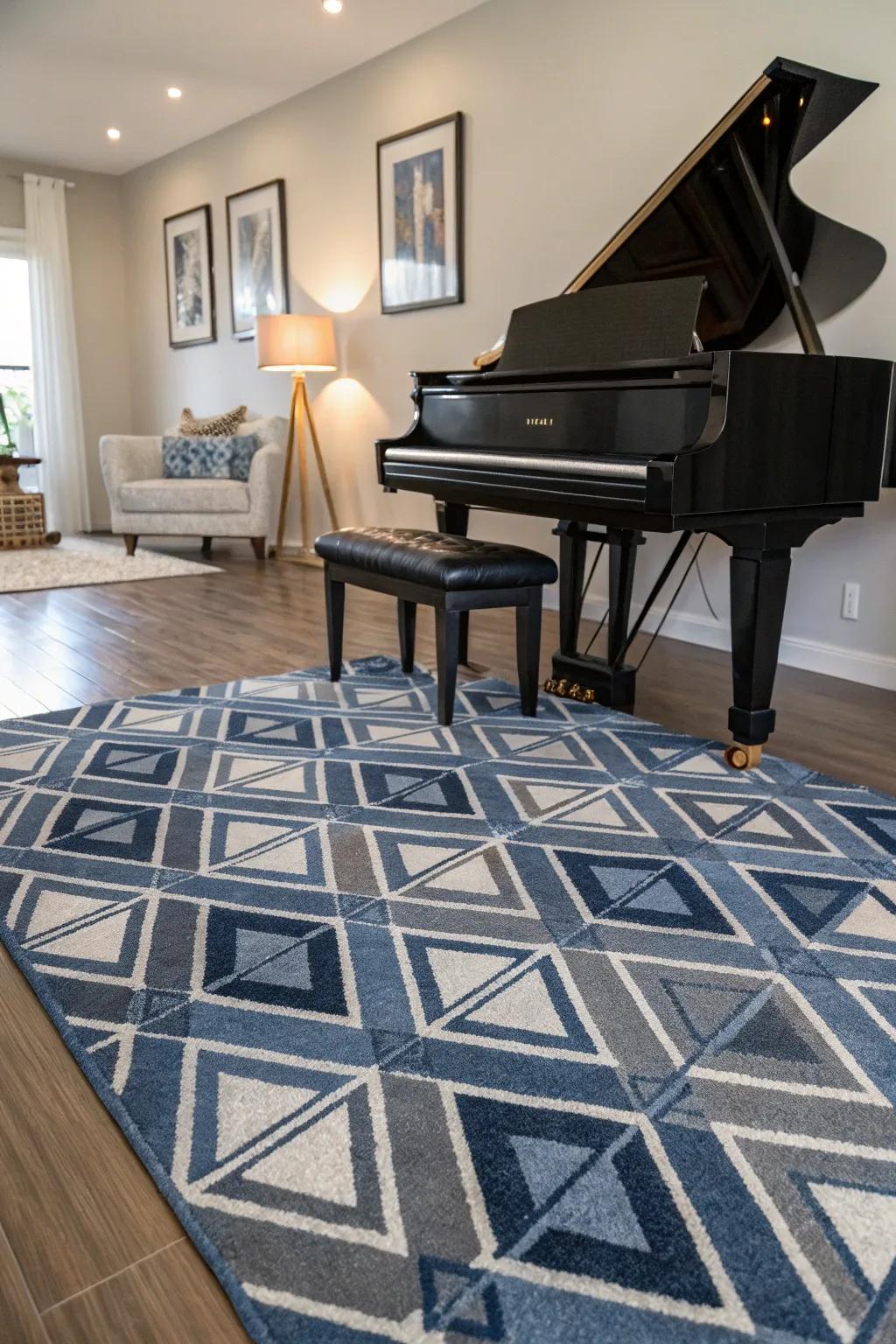 A patterned floor covering adds texture and defines the piano's area.