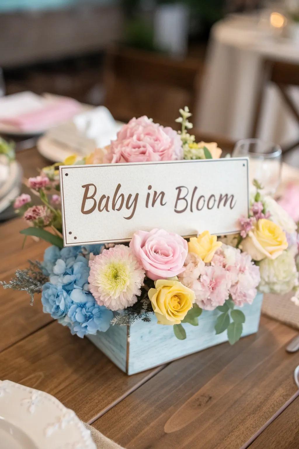 A personalized centerpiece showcasing a sweet custom sign