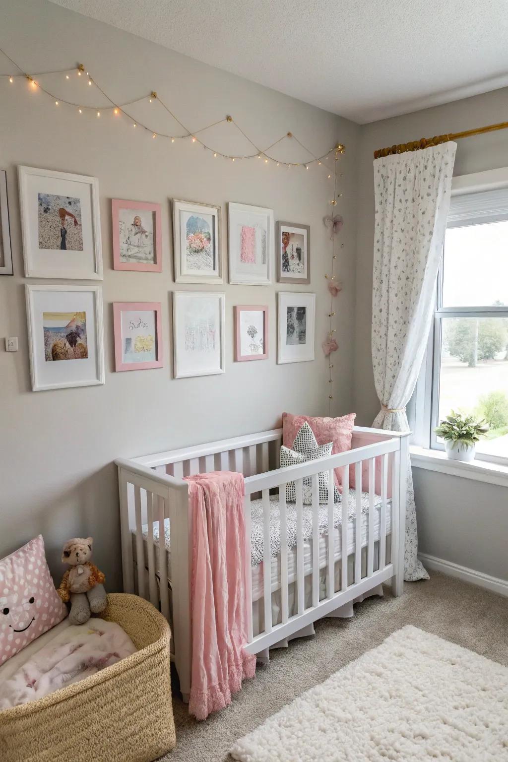 Incorporate the picture wall into the nursery layout for a cohesive aesthetic.
