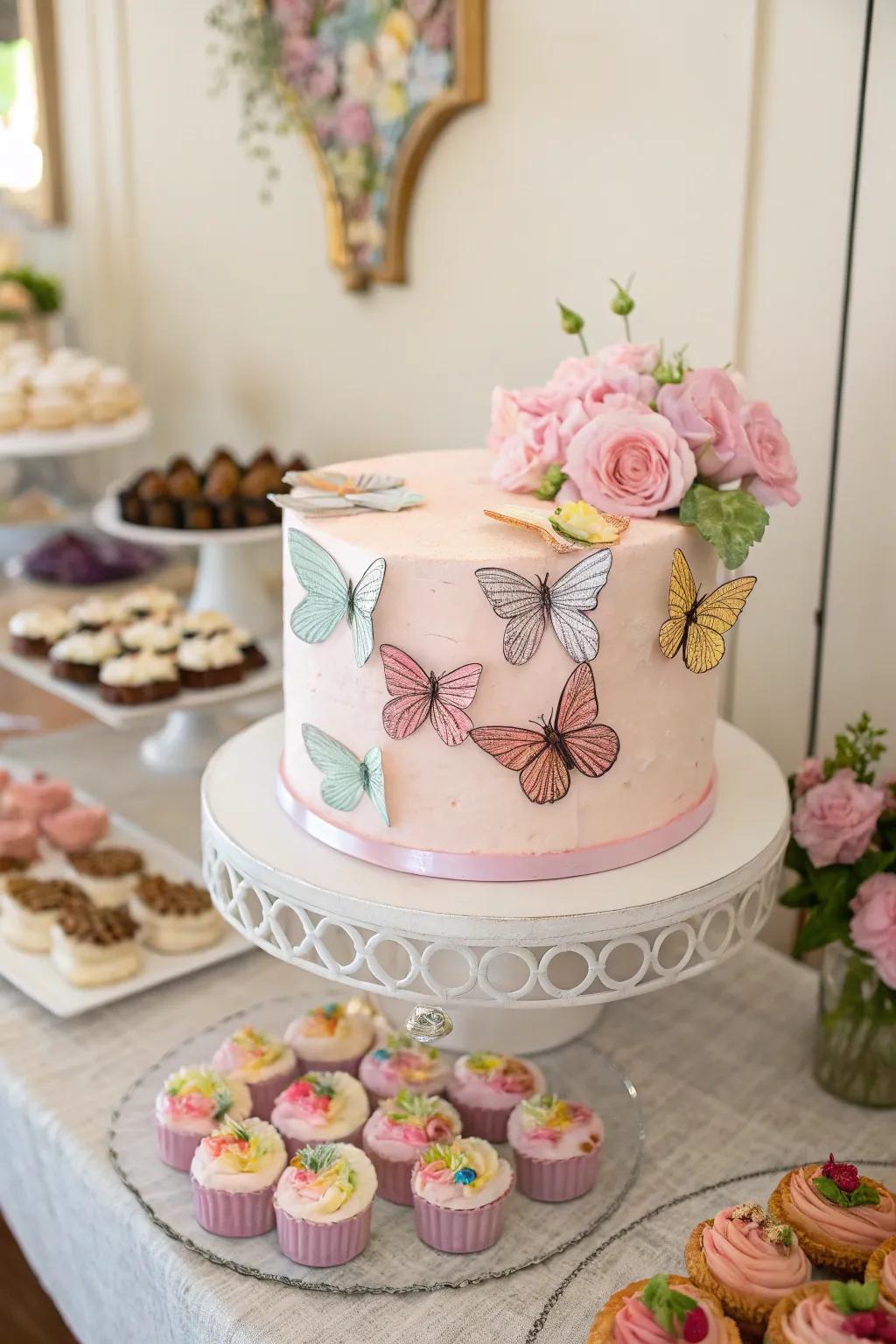 A pastel butterfly cake as a striking centerpiece.