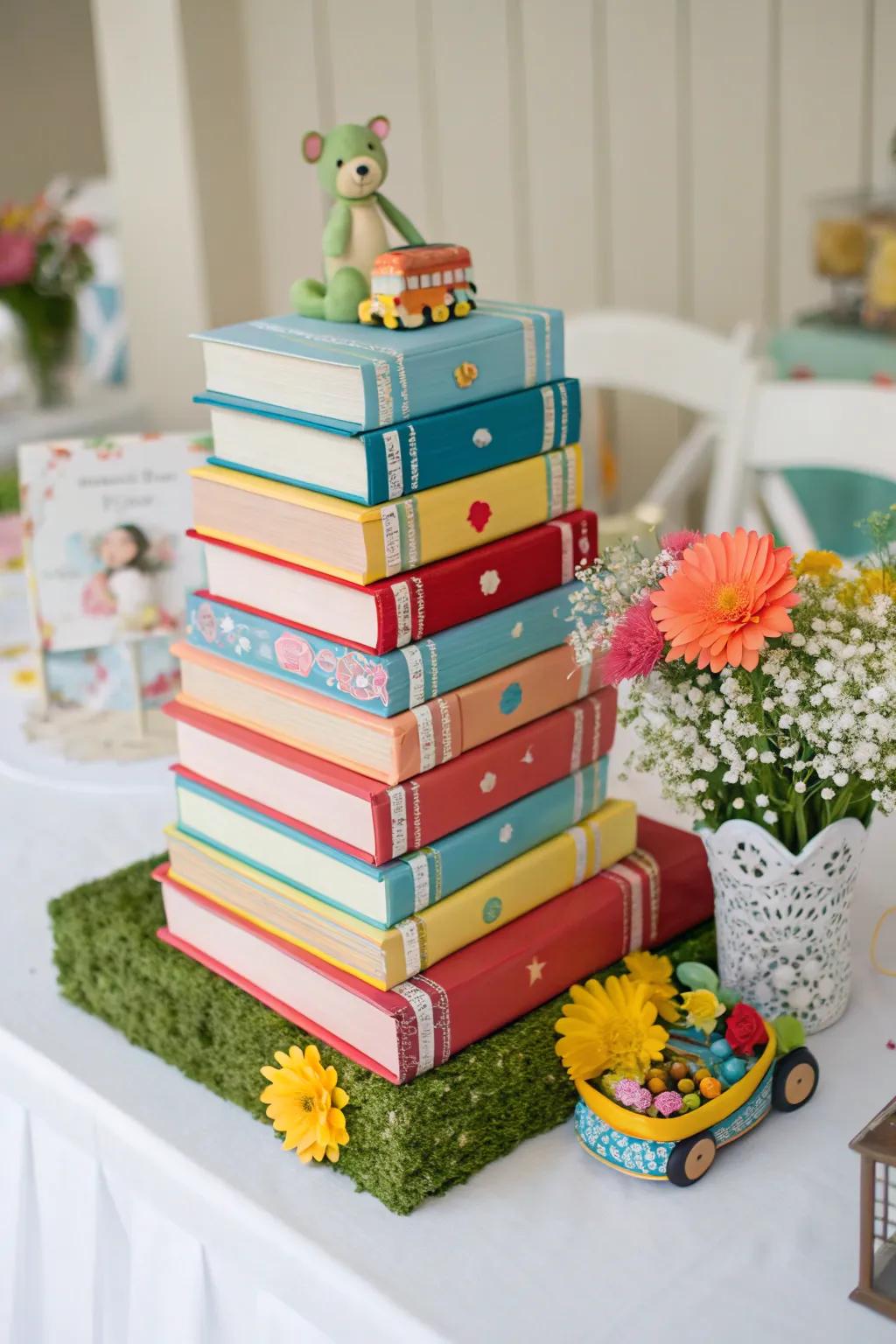 Stacked board books supply a vibrant and practical display.
