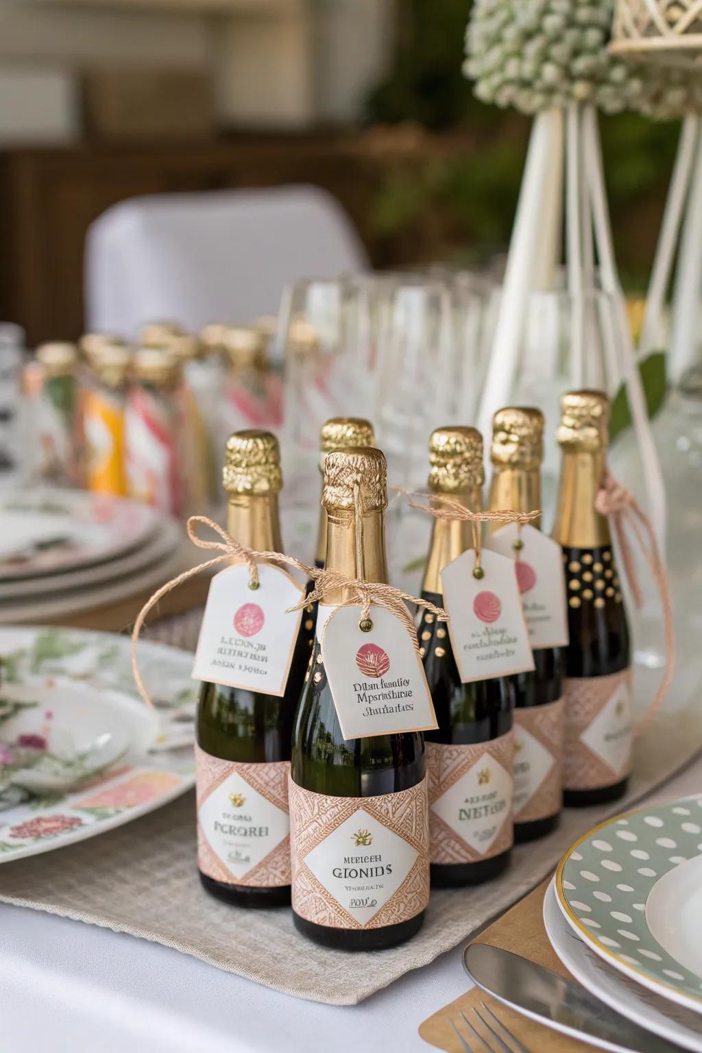 Small sparkling wine bottles add a festive flair.