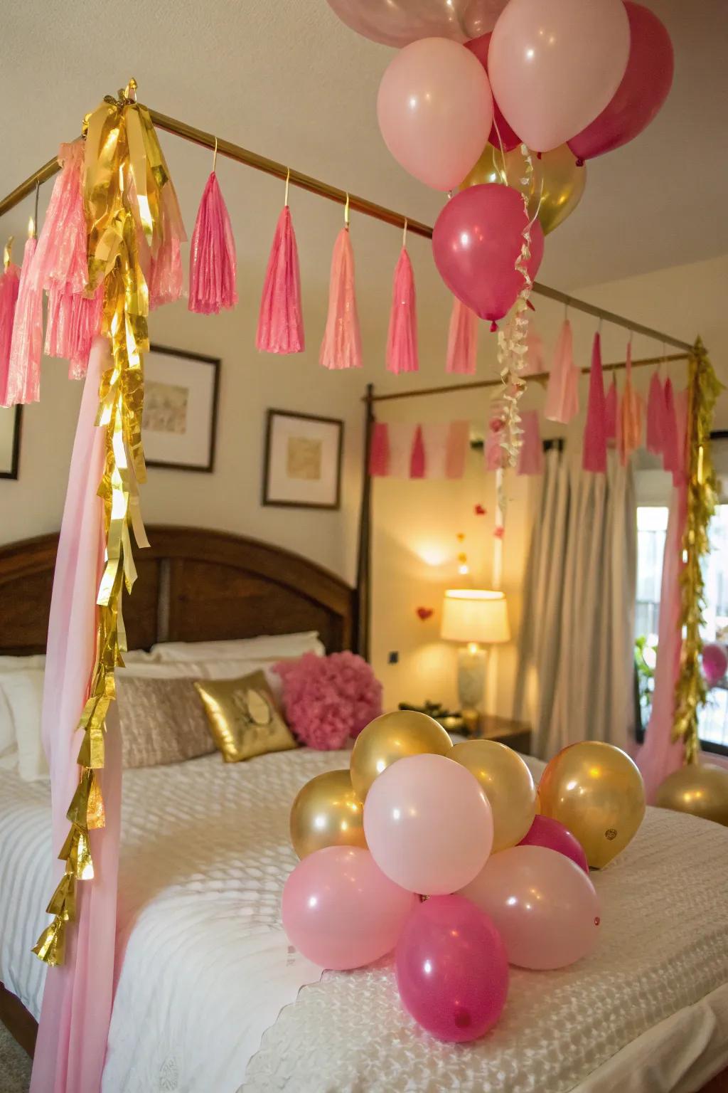 A cheerful bed adorned with balloons and decorative ropes.