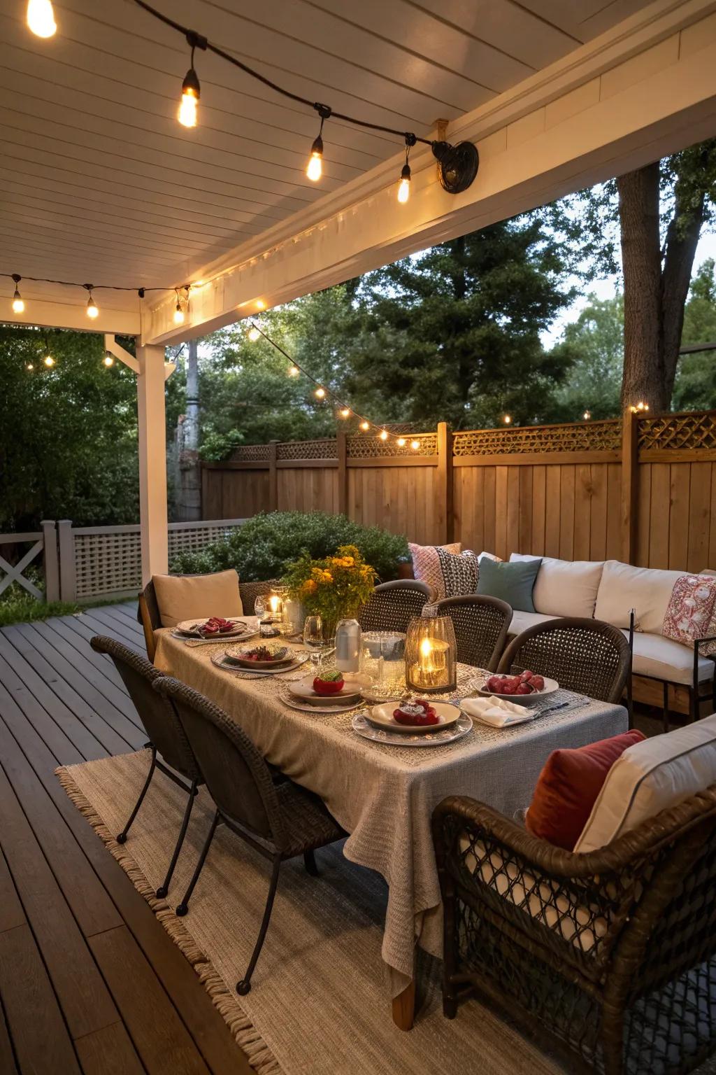 Delight in outdoor dining on your exquisitely arranged back porch.