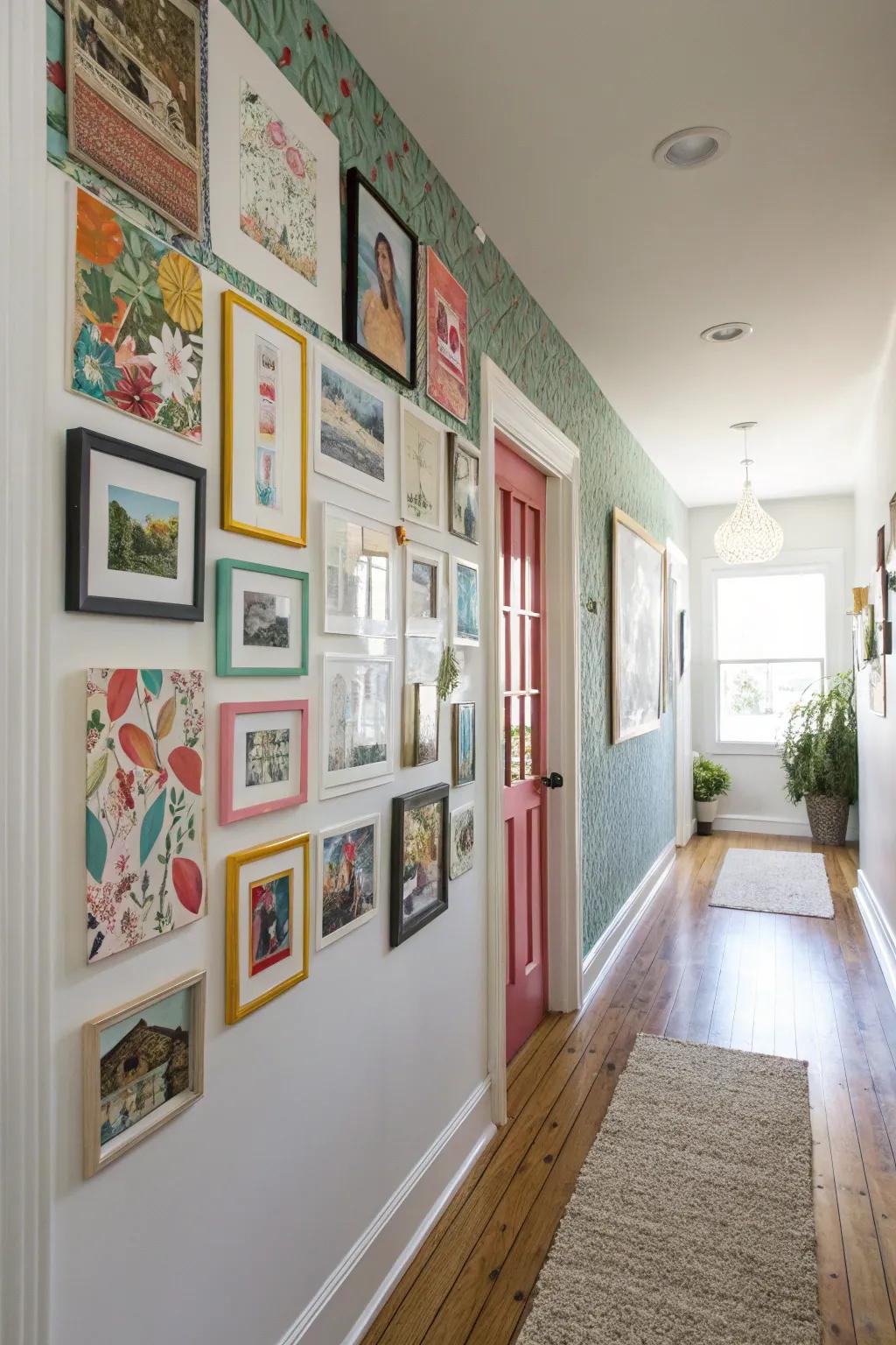 A hallway that displays a DIY art wall, showcasing a blend of textures and colors.