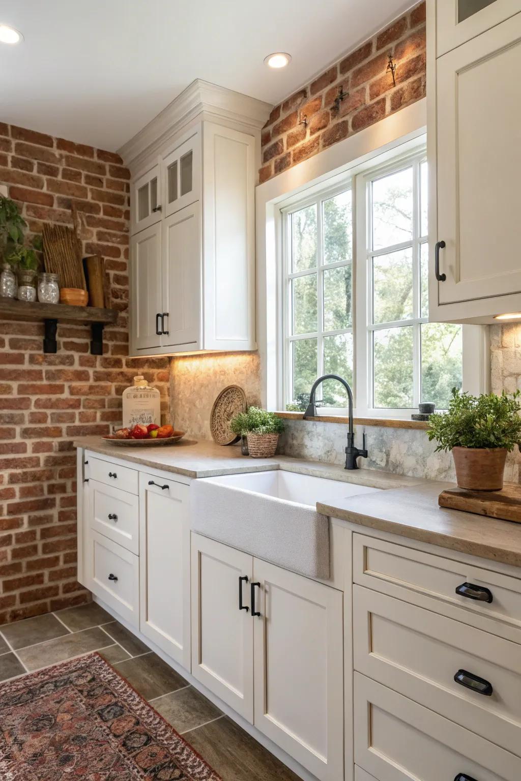 Brick backsplash introduces warmth and a rustic vibe