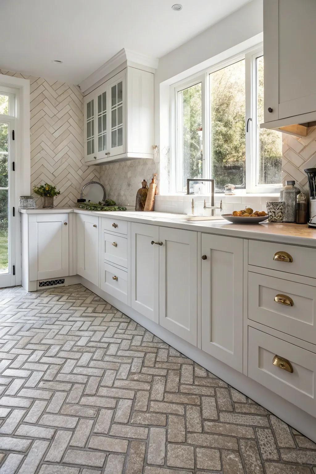 Weave patterns introduce an element of elegance to this white kitchen.