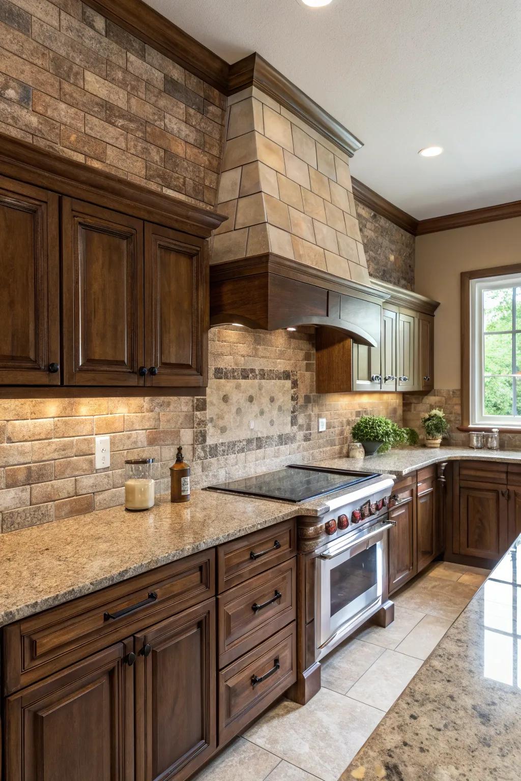 Brick-styled tiles offer a countryside-inspired complement to fantasy brown granite.