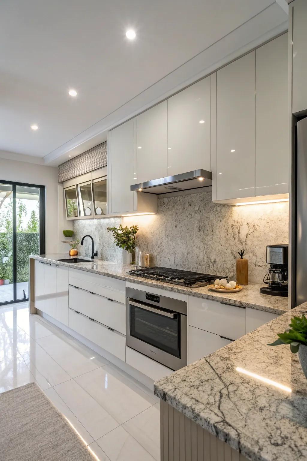 Unadorned lines and modern minimalism enhance granite countertops.