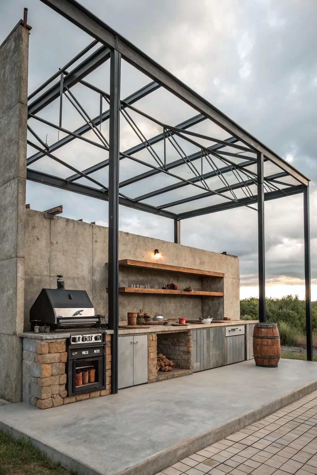 Urban edge with an industrial-inspired BBQ structure.