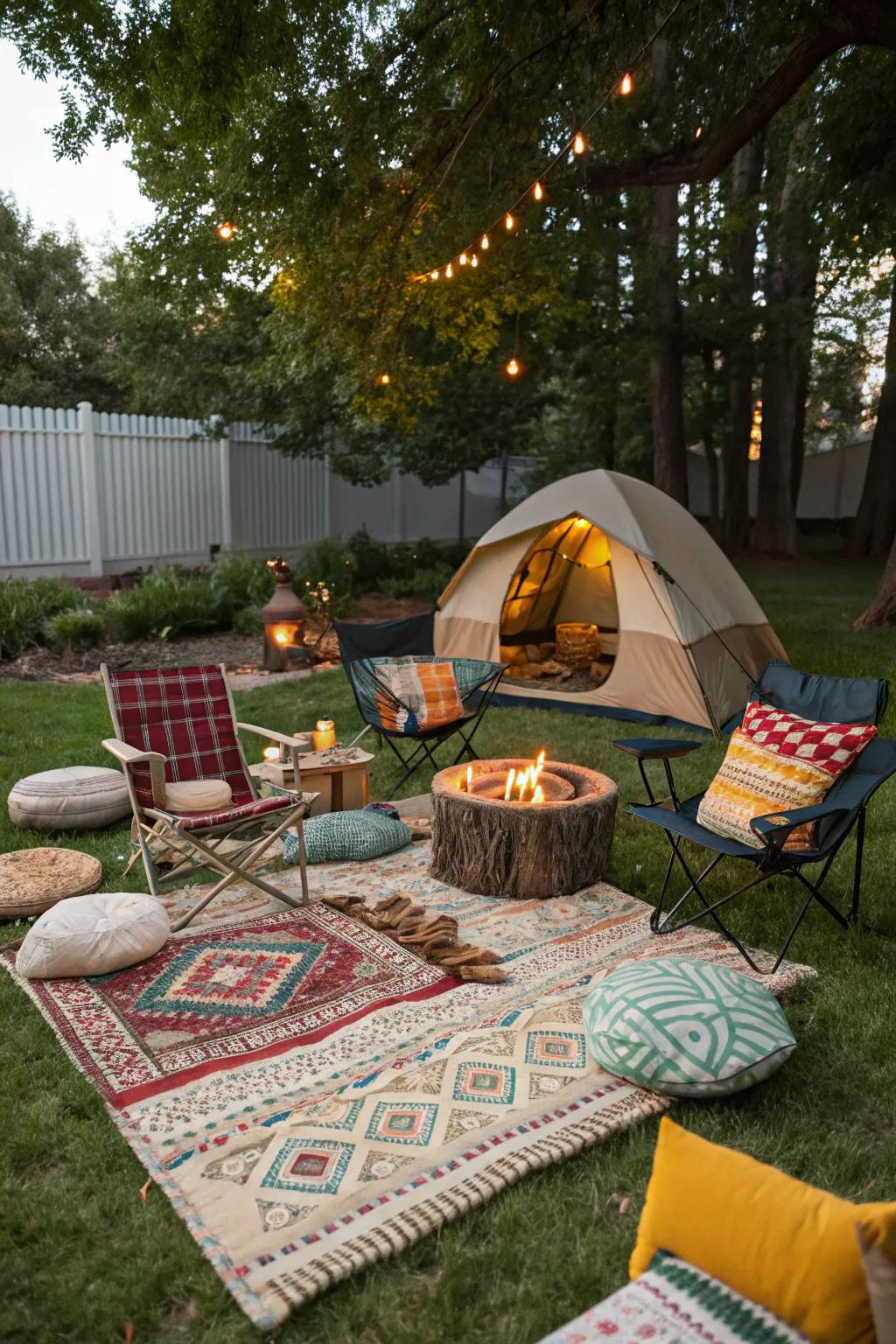 Rugs and pillows add vibrant decorative touches to your campsite.