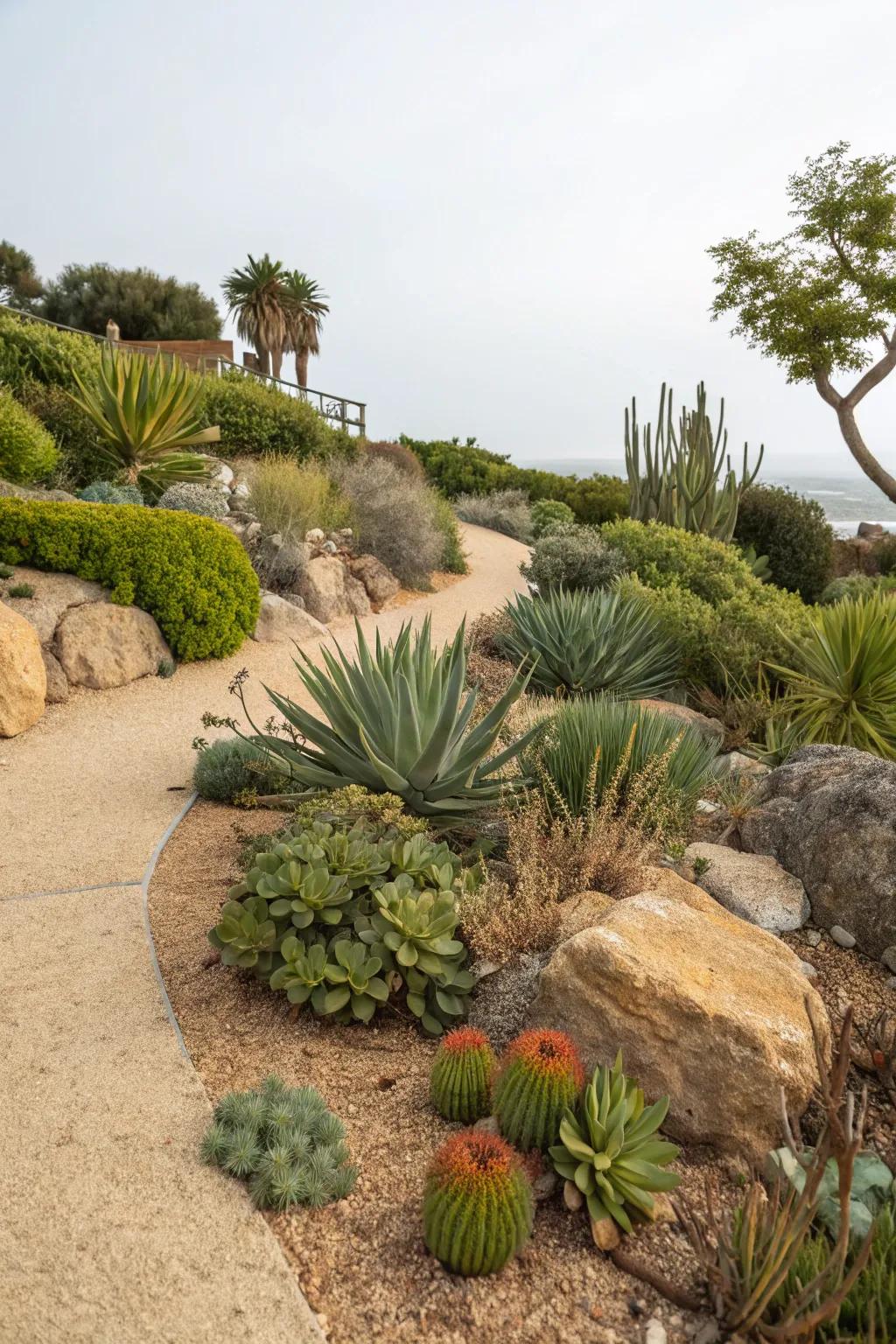 A striking arid garden featuring crushed rock fines, exemplifying drought-resistant beauty.