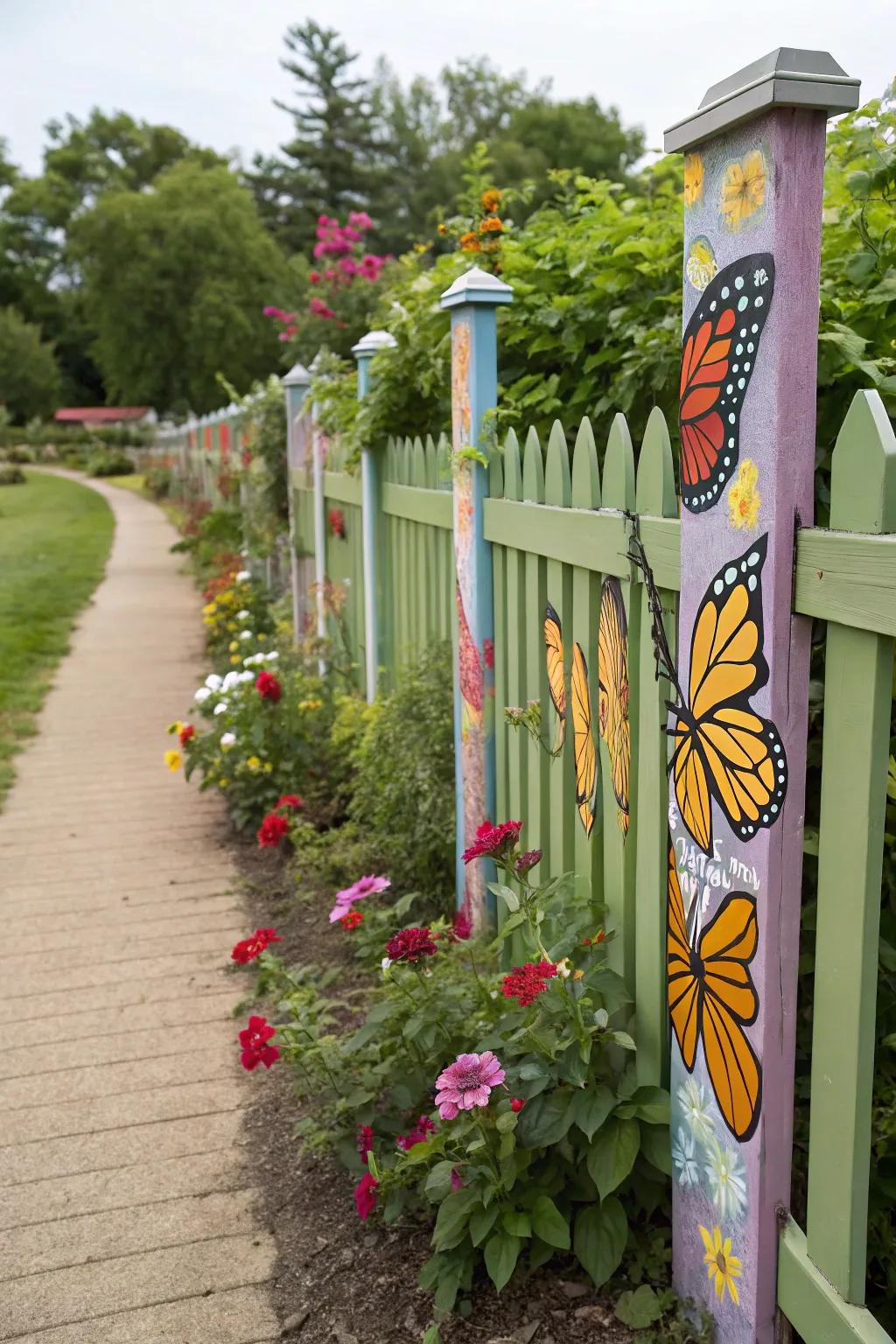 Butterflies among flowers add charm to your backyard fence.
